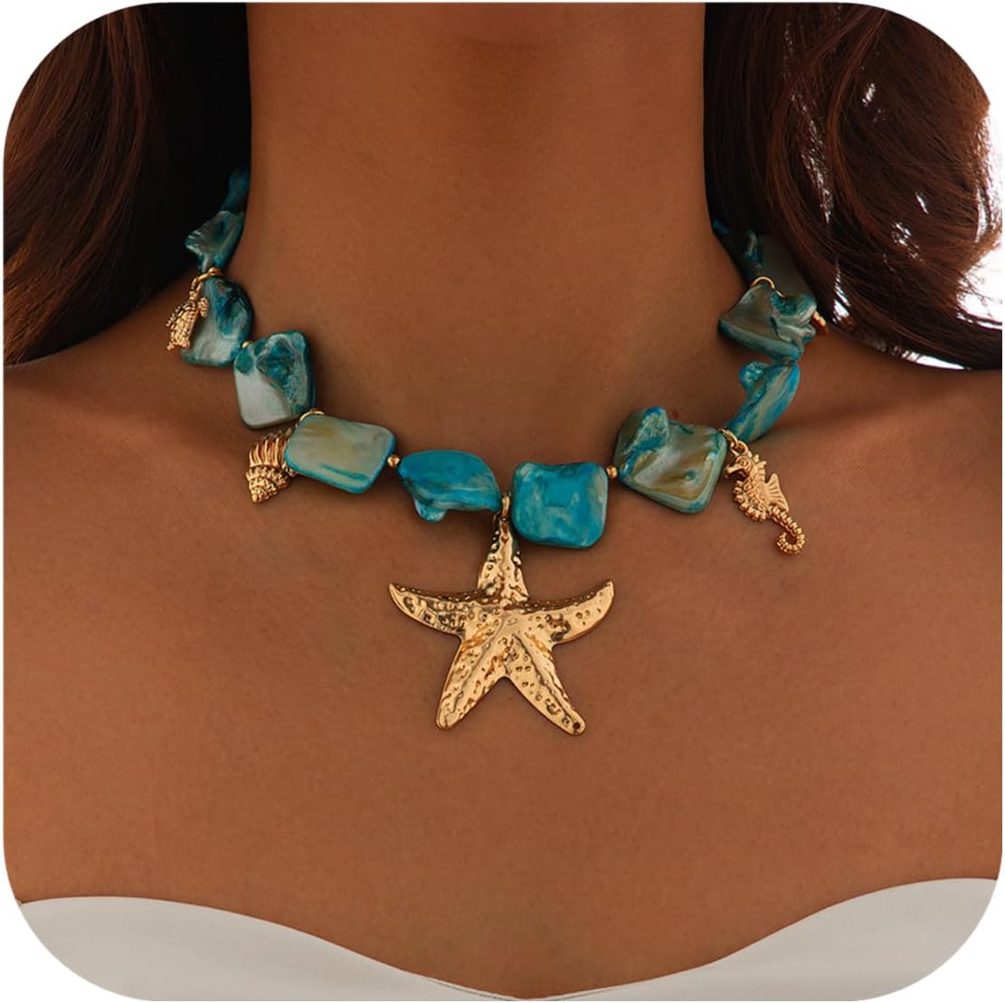 Starfish Shell Necklaces for Women Trendy Summer Boho Seashell Pendant Beach Necklace Gold Charm Choke Necklace Dainty Statement Necklace Fashion Surfer Jewelry Gift