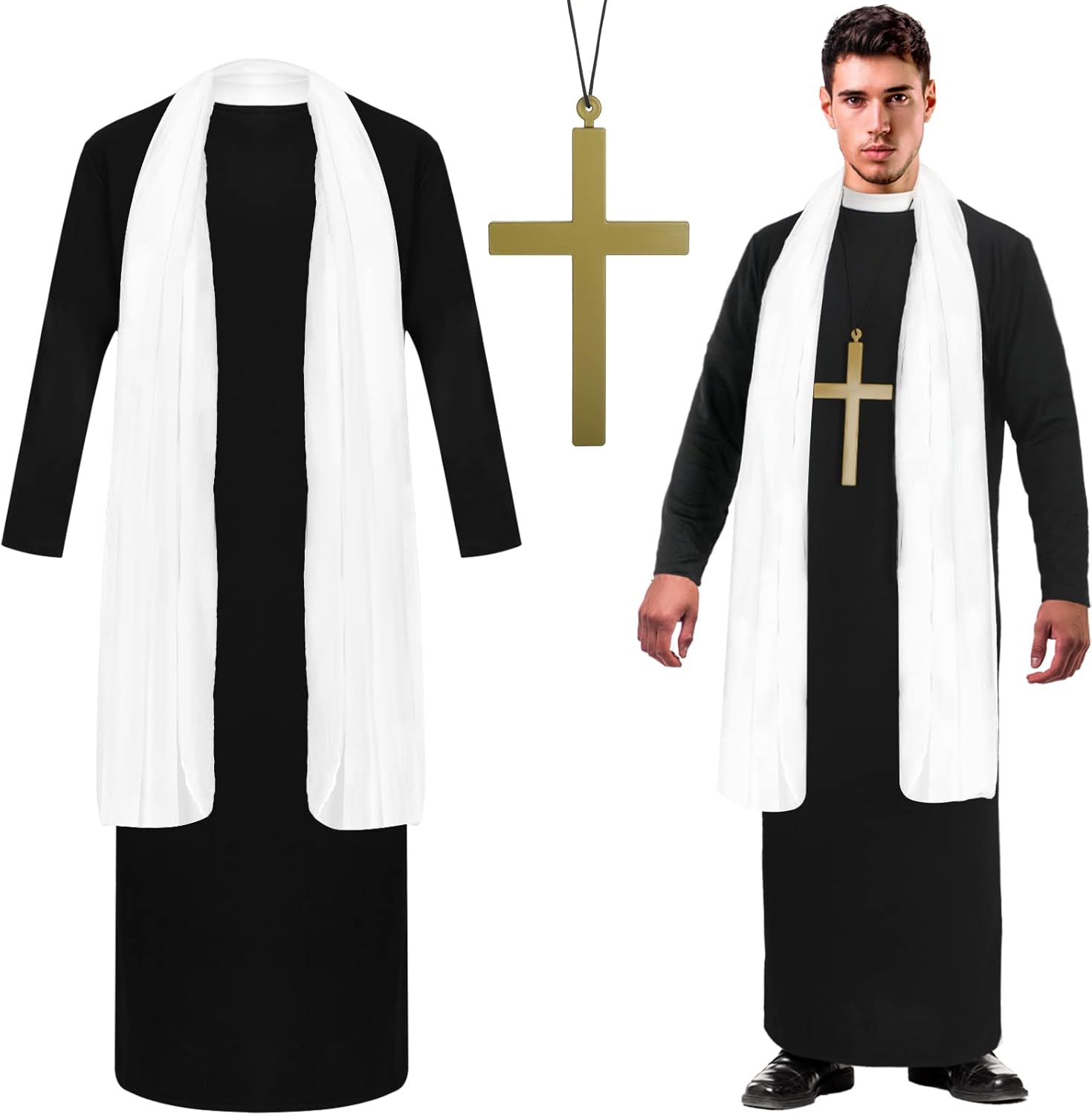 Jiuguva Disfraz de sacerdote de 3 piezas para hombres adultos, disfraz de sacerdote de Halloween con bata de padre, estola blanca, cruz de monje de