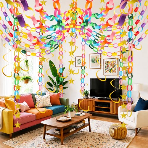 LACGO 500 Pcs Paper Chains Colored Paper Strips with Star Garlands Hanging Swirls and Double Sided Tape DIY Craft for Easter Birthday Engagement Christmas Party Decorations (Rainbow)