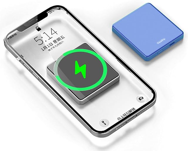 Huije Wireless Magnetic Power Bank, 10000mAh Mag-Safe Portable Mini Fast Charging Battery, USB-C Backup Power, High-Capacity Battery Pack for iPhone 13/13 Pro/13 Mini/13 Pro Max/12 Series - Blue