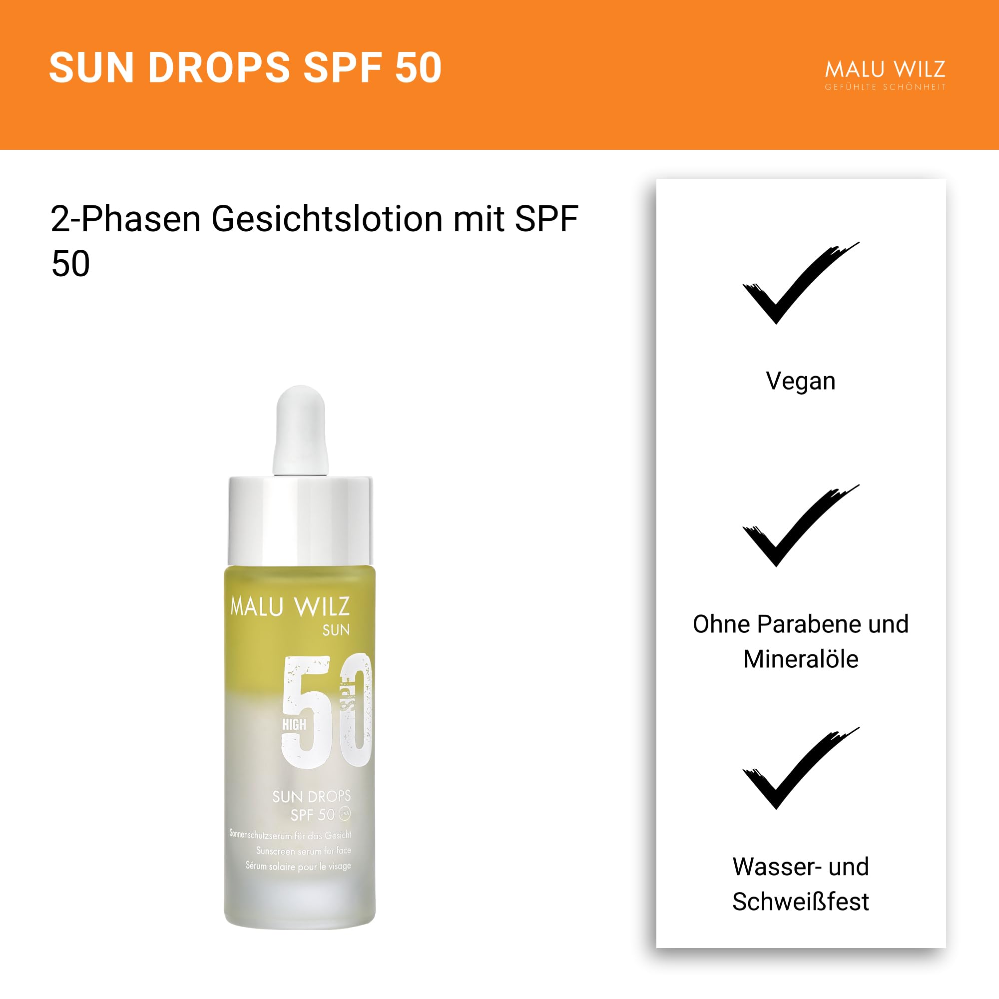 Malu Wilz Sun Drops SPF 50 30ml I Lotion für effektiven Sonnenschutz I Mit Vitamin E und Olivenöl als pflegende Wirkstoffe I Wasser- und schweißfest I Vegan