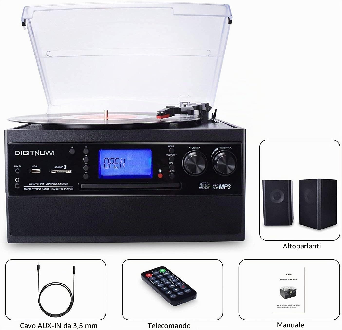 Giradischi Bluetooth DigitNow per CD Cassette Radio AM/FM con Altoparlanti Stereo