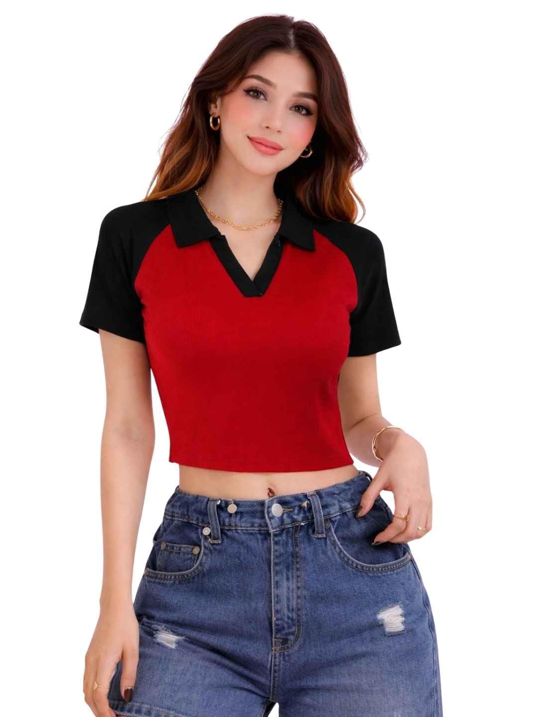 Women Color Block Crop Top Red Black Polo Neck Slim Fit Stylish Casual Top-picture-15