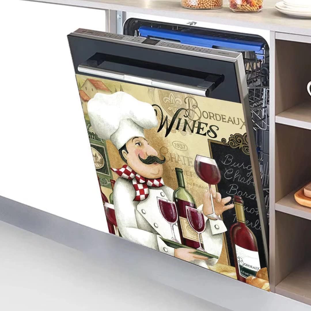 Chef and Wine Kitchen Decor Stickers Dishwasher Magnet Cover Decal, Bordeaux Wine Dishwasher Fridge Cover Decals Sheet, Magnetic 23"x26"INCH