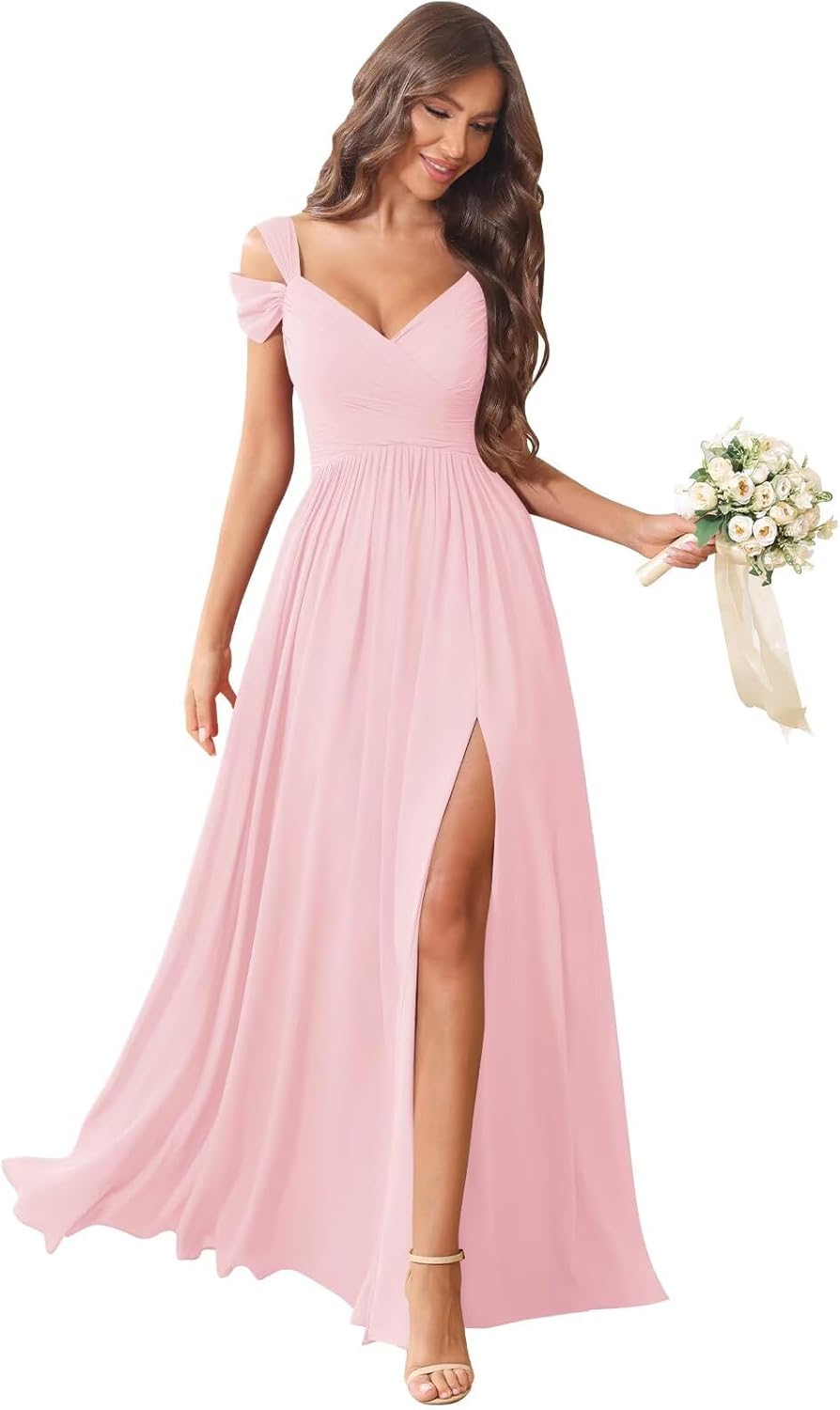 Off Shoulder Chiffon Bridesmaid Dresses for Women Long Formal Gowns Wedding Guest Dress with Slit