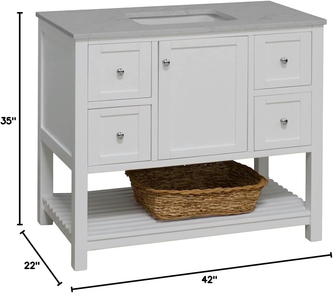 Lakeshore 42-inch Bathroom Vanity (Engineered Carrara/White): Includes White Cabinet with Engineered Carrara Countertop and White Ceramic Sink