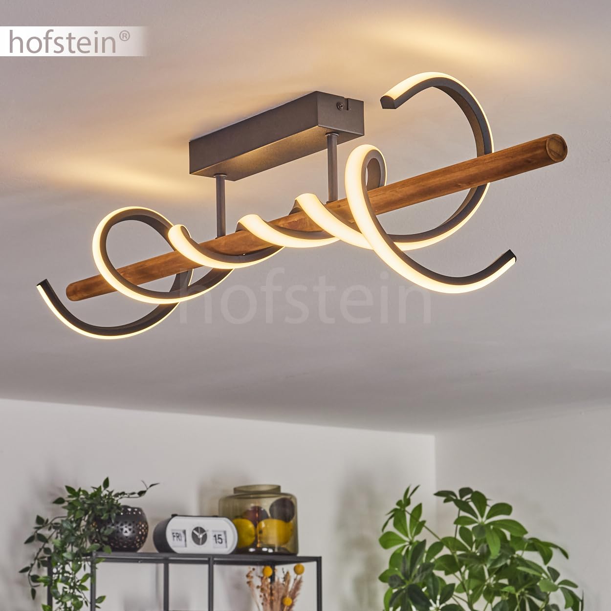 HOFSTEIN LED Deckenleuchte Alvarim, dimmbare Deckenlampe aus Metall/Holz/Kunststoff in Schwarz/Natur/Weiß, moderne Leuchte mit Holzstab, dimmbar über Lichtschalter, 38 Watt, 5200 Lumen, 3000 Kelvin