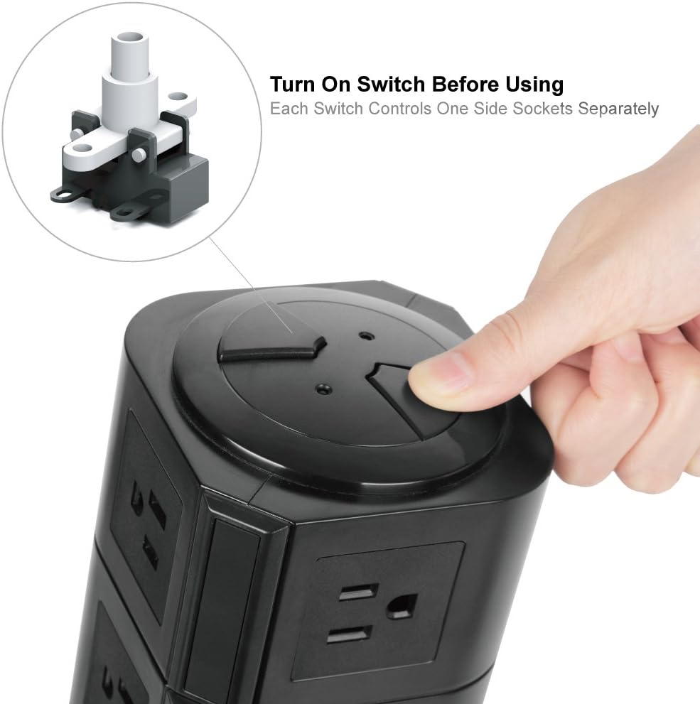 SAFEMORE 10 Outlet Power Strip Surge Protector with 4 USB Charger Ports, Convenient One-Way Push Button,Flexible Tower Power Strip with 6.5Ft Heavy Duty Extension Cord Black
