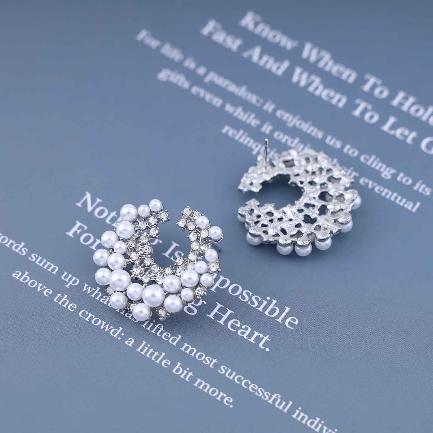 Boho Multi Cz Flower Pearl Stud Earrings Silver Cluster Crystal Pearl Hoop Earring Cz Pearls Cluster Earring Round White Bead Earrings Bridal Pearls Earrings Jewelry for Women - Image 6