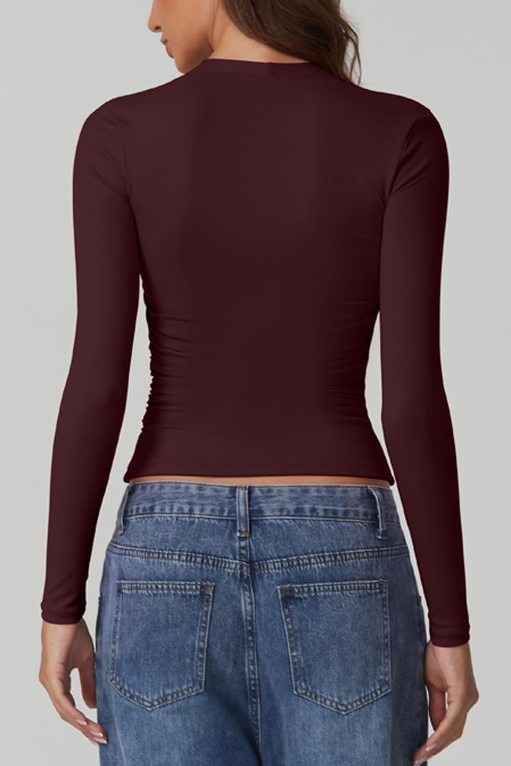 QINSEN Long Sleeve Square Neck Tops for Women Double Lined Side Ruching Going Out Shirts Basic Tee - Image 5