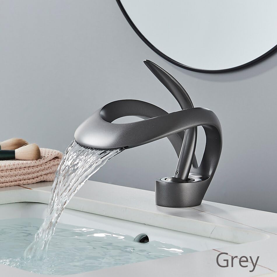 Robinet de lavabo cascade luxe en laiton mitigeur gris design épuré