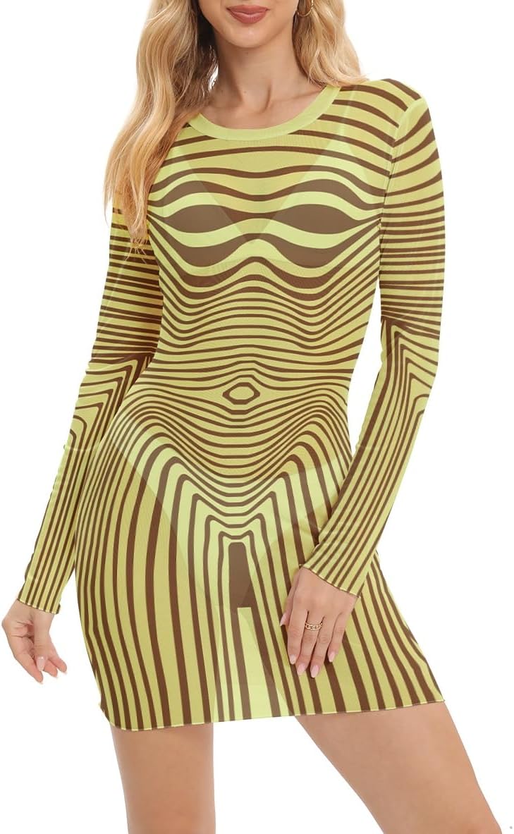 Women's Sheer Mesh Printed Slim Sexy Mini Dresses Long-Sleeve Y2k Punk Party Cover Up Dress - Image 6