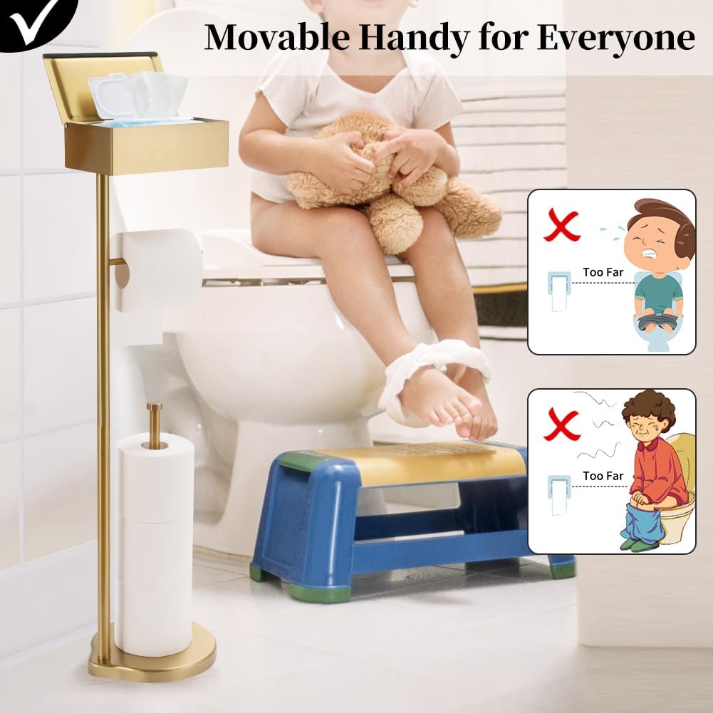 theaoo Toilet Paper Holder Stand with Shelf, Flushable Wipes Dispenser, Free Standing Toilet Tissue Roll Storage Rack Organizer for Bathroom, SUS304 Stainless Steel (Gold)