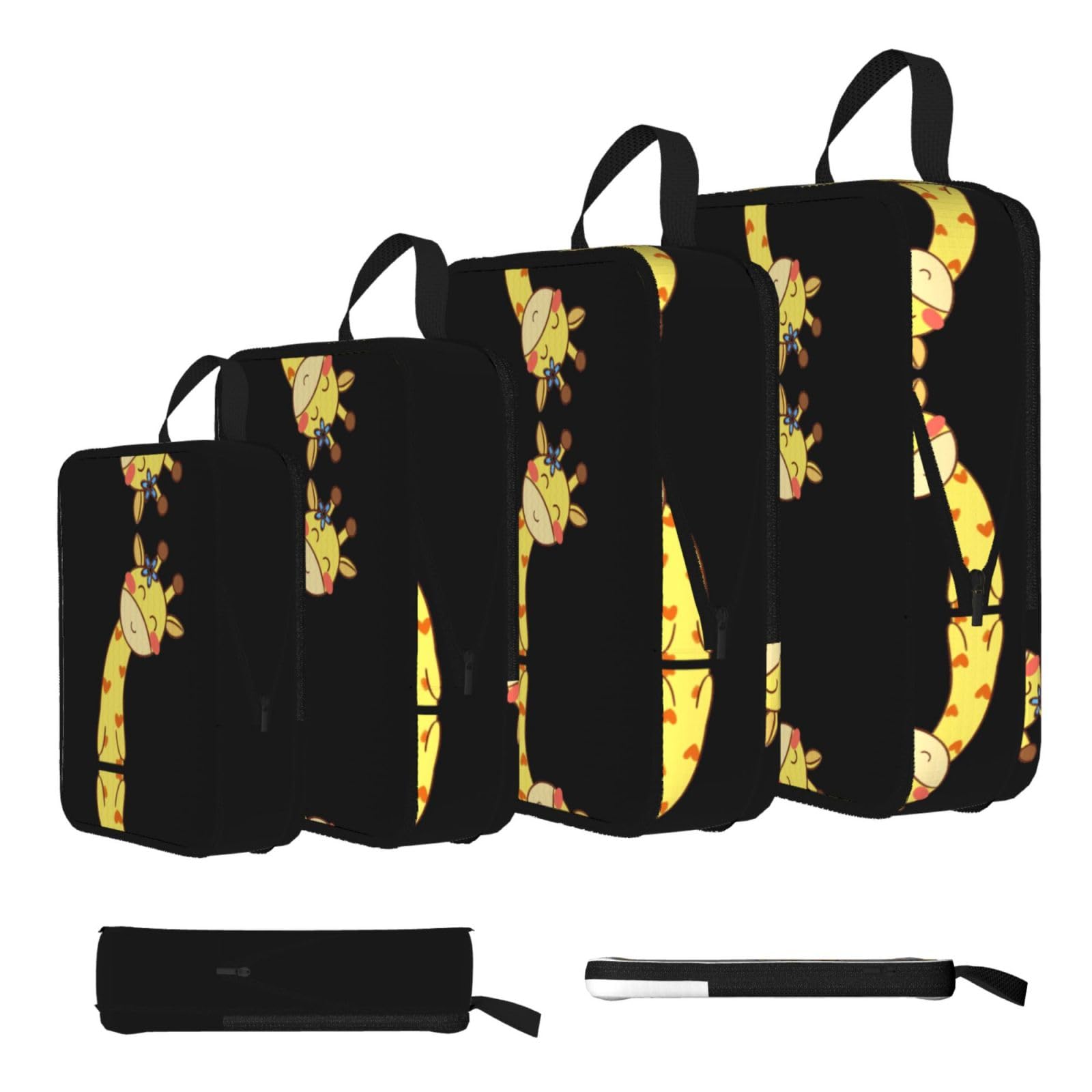 Cute Bow Giraffe Print Compression Packing Cubes 4-Piece Set With Multi- Compartment Travel Bag, Waterproof Suitcase Organiser Bags
