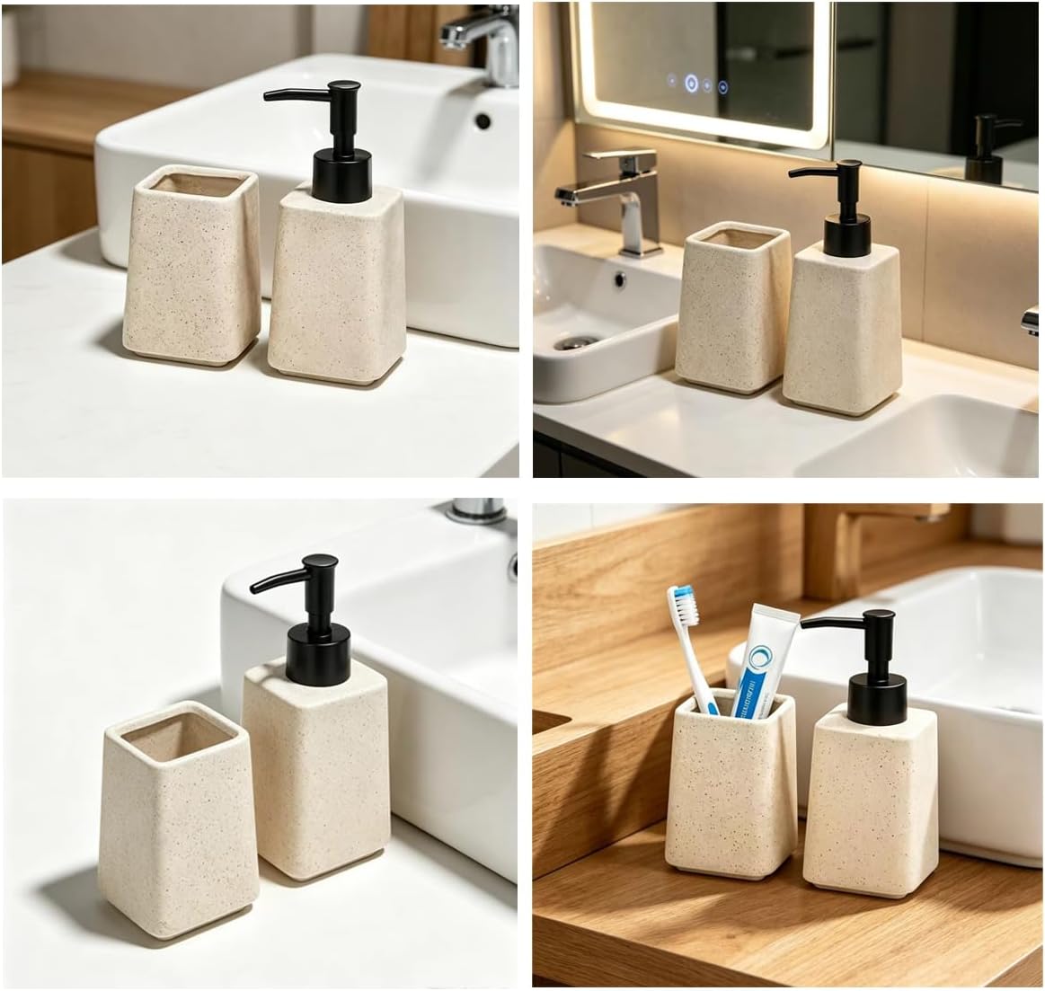 Beige Ceramic Bathroom Accessories Set Toothbrush Holder and Soap Dispenser image 3
