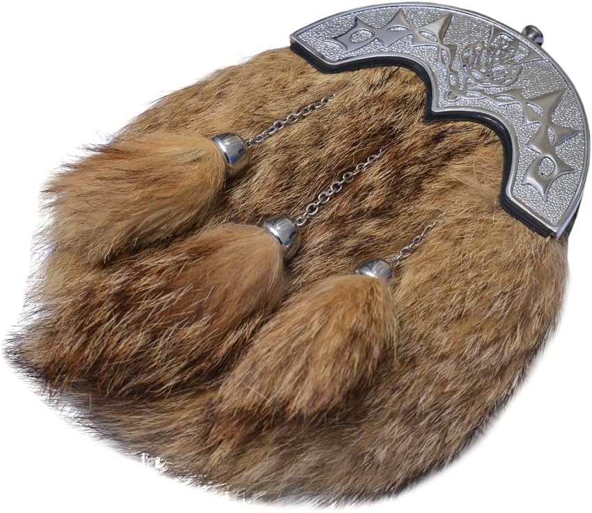 Scottish Sporran Kilt For men Full Dress Fox Fur kilt sporran with Chain & belt Scottish Celtic Chrome Cantle