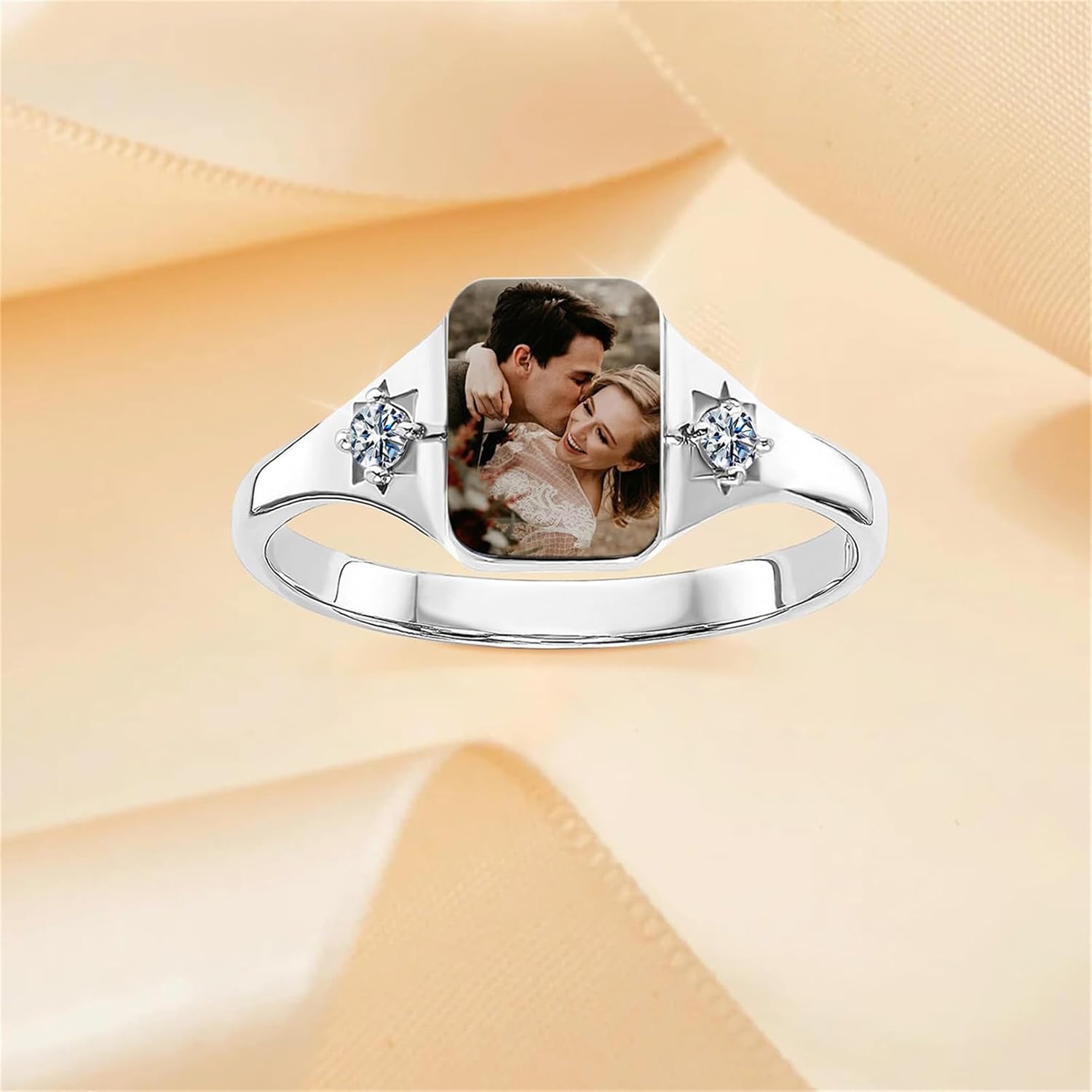 MissNaNa Custom Photo Ring 925 Sterling Silver Personalized Birthstone Rings for Women Custom Memorial Picture Ring Promise Rings for Her Lover Birthday Anniversary Mother's Day Gift