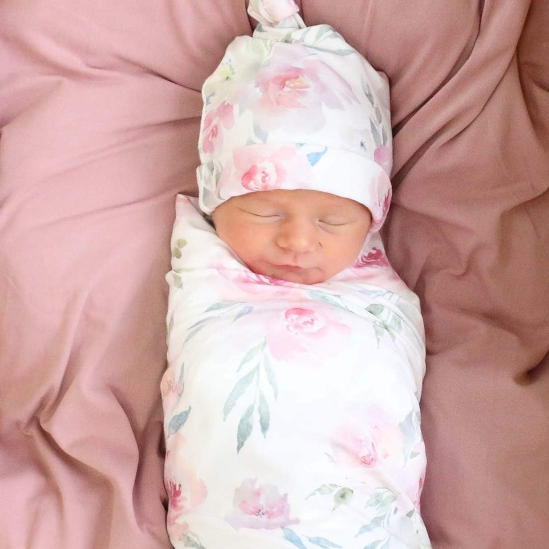 Baby Girl Receiving Blanket Newborn Swaddle Blanket Photo Props Floral Printed White with Beanie