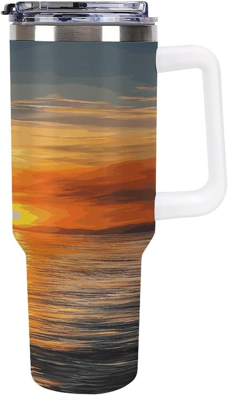 40 Oz Insulated Mug with Handle, Stainless Steel Sunrise Sailing Boat Printed Travel Mug Portable Leak-proof Large Car Mug for Home, Office Or Car