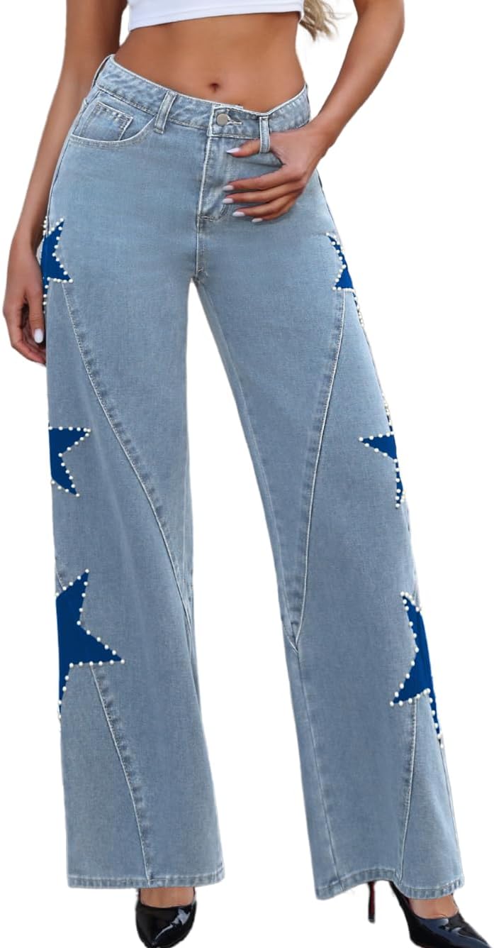 Vintage Women Star Pearl Baggy Jeans,Low Rise Wide Straight Leg Boyfriend Denim Pants,Going Out Concert Casual Outfit