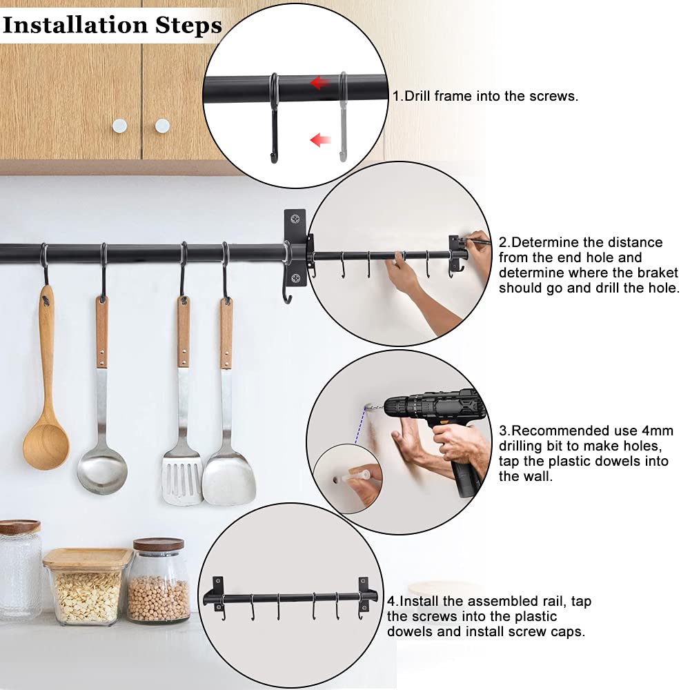 Barra Portautensili Cucina In Acciaio Inox - Doppia Asta, 6 Ganci, Senza Trapano