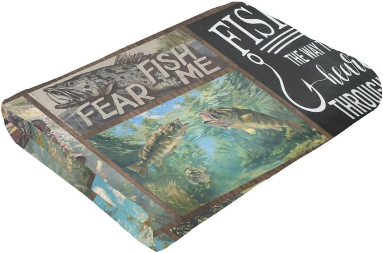 Fishing Throw Blanket for Dad - Bass Fishing Stuff, Cozy Flannel Soft Warm Plush, Lightweight Bedding, Men's 60"X50"