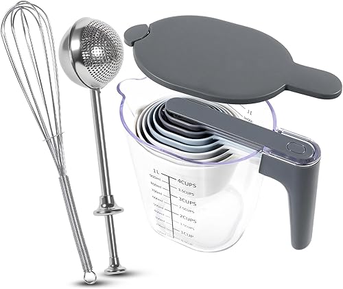 Miniatura 21 de Juego de tazas y cucharas medidoras de 10 piezas, taza medidora apilable con tapa, juego de cucharas medidoras para cocinar y hornear, para líquidos