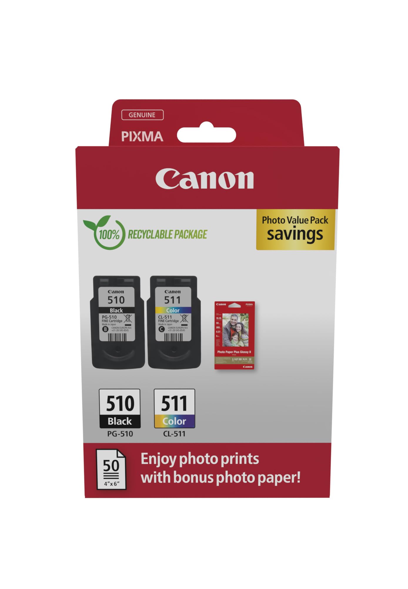 Canon PG-510 / CL-511 Genuine Ink Cartridges, Pack of 2 with paper