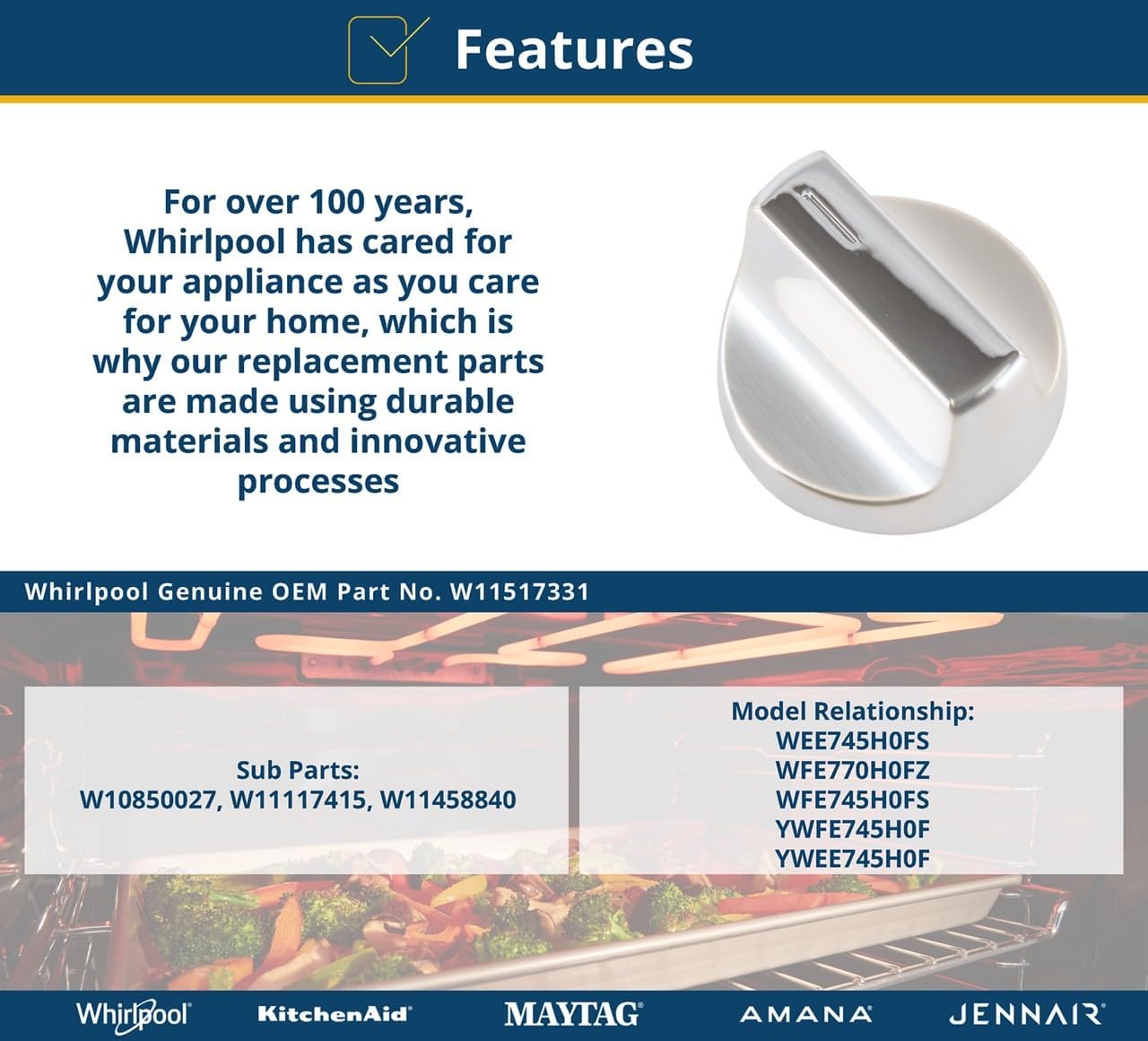 Whirlpool W11517331 OEM Range Surface Burner Control Knob