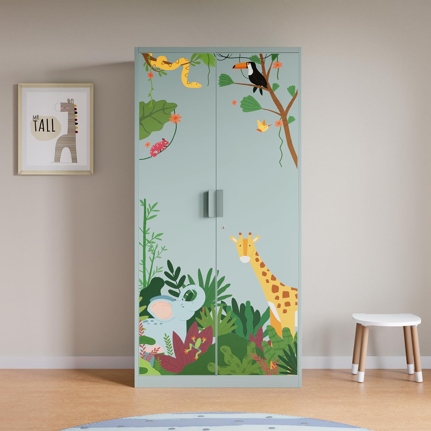 Interio by Godrej Kids 2-Door Steel Almirah (Jungle Scene Digital Print in Sky Gray), 1-Year Warranty, 1 Drawer, 6 Shelves-image-31