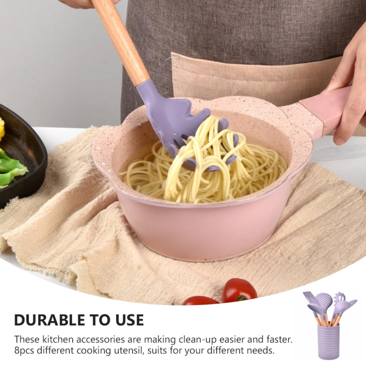 Set Utensili Cucina in Silicone Manico in Legno