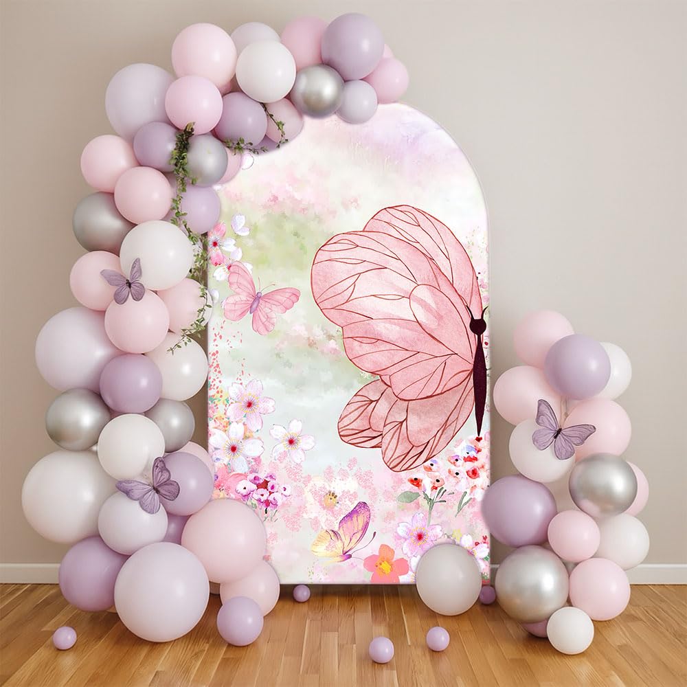 Butterfly Floral Garden Arch Backdrop Cover Double-Sided Arch Stand Stretchy Cover for Pink Birthday Party Wedding Parties Baby Shower Decorations (