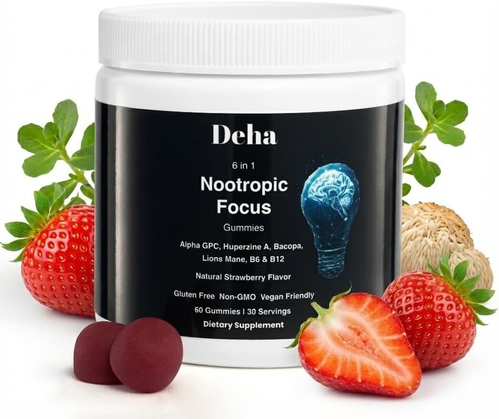 Deha Focus Gummies Nootropic Brain Supplement with Vitamin B6 Vitamin B12, Alpha GPC, Huperzine A, Bacopa Monnieri, Lions Mane Mushroom Gummies – Vegan, Non-GMO, Gluten-Free – 60 Gummies