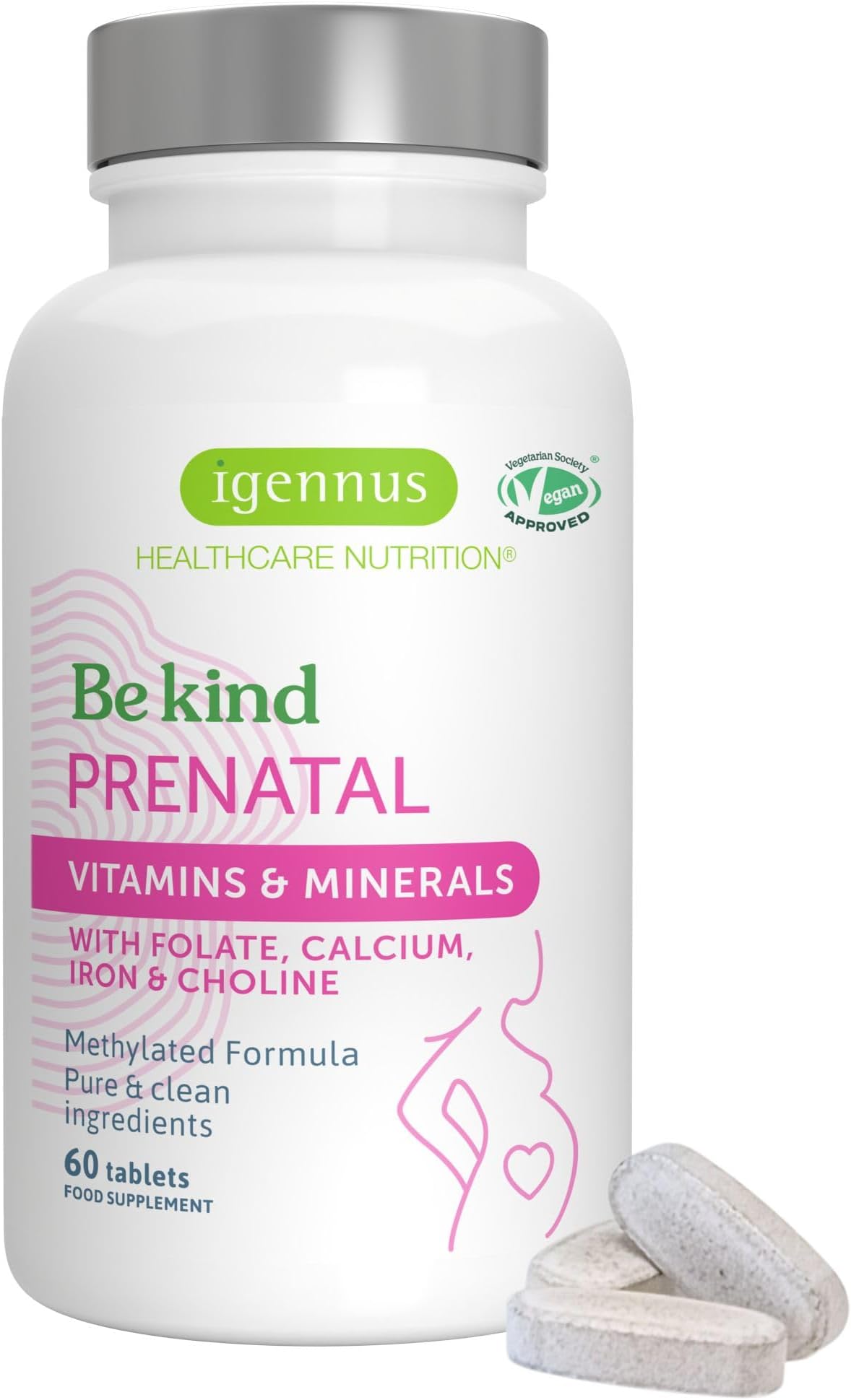 Igennus Methylated Prenatal Multivitamin for Women, Folate for MTHFR, High Absorption, Pure & Clean, Gentle Iron, Choline, Calcium & Magnesium, Vegan Pregnancy Vitamins, Halal, Non-GMO, 60 Tablets