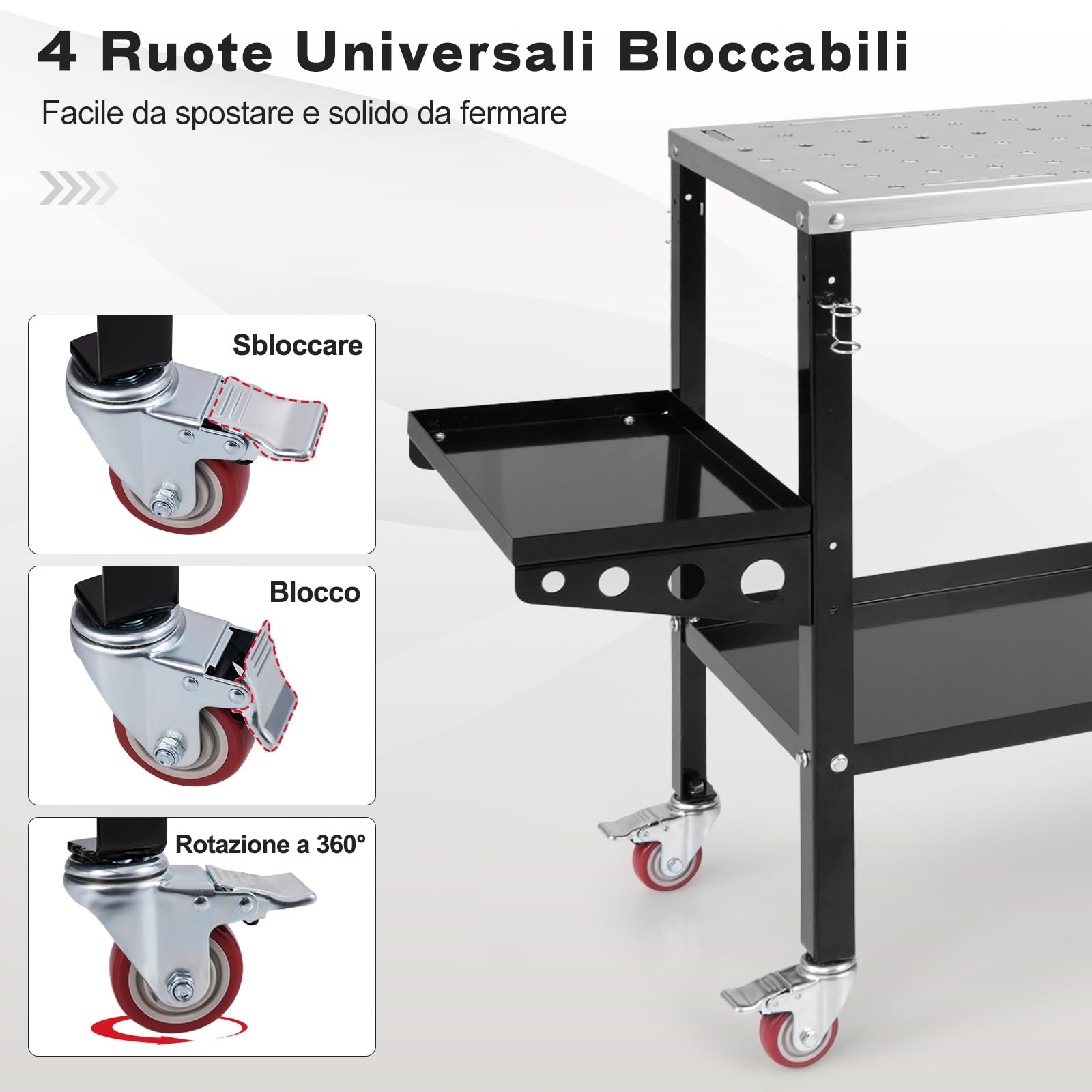 COSTWAY Tavolo da Lavoro, Banco da Lavoro con Supporto per Attrezzi e Vassoio, Fori per Fissaggio, 8 Slot per Attrezzi e Portabocchette per Saldatura, con Ruote, Capacità di Carico 540 KG (Modello 1)