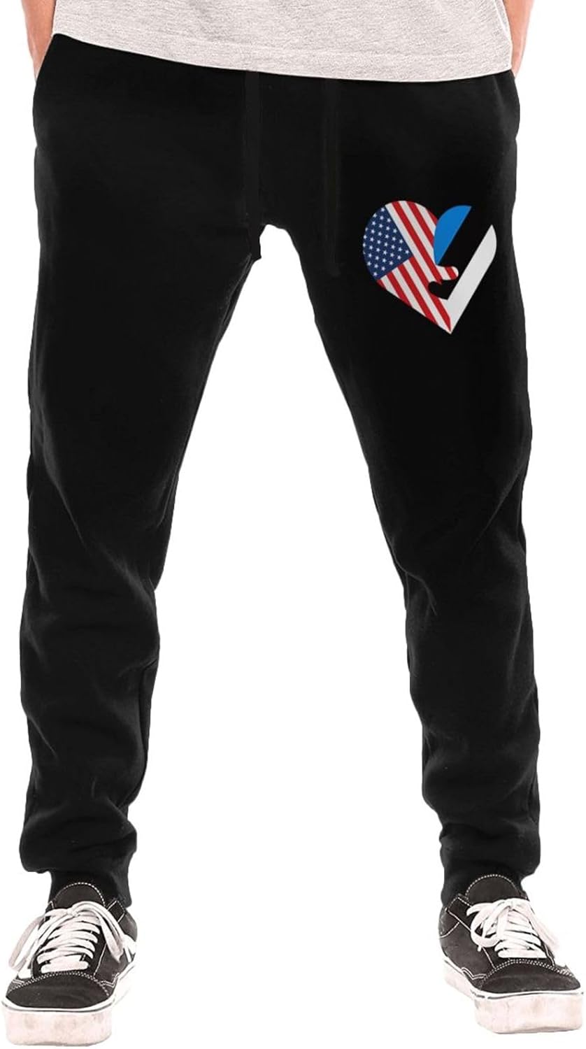 Heart American Flag and Estonia Flag Men's Long Pants Athletic Running Pants Sports Pants