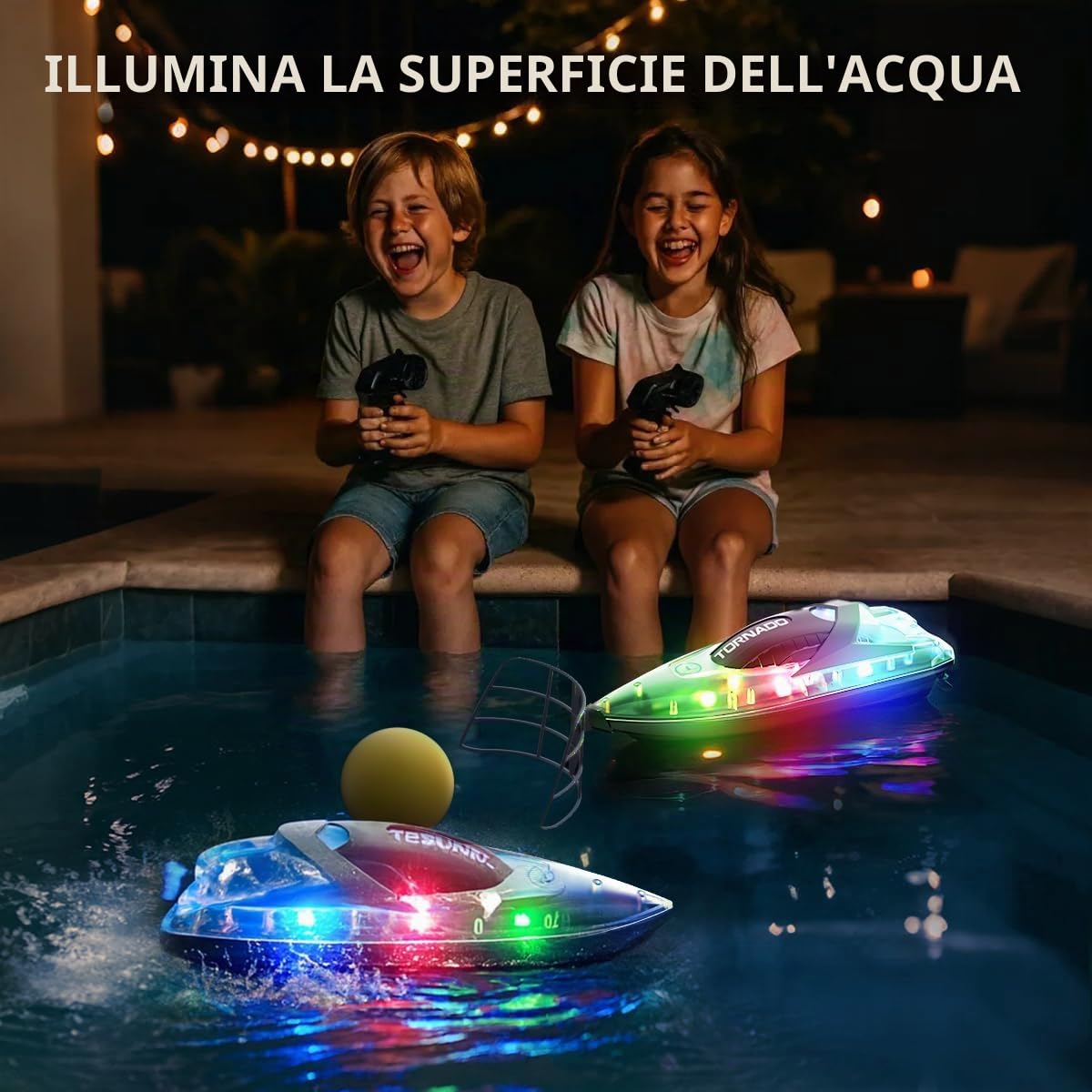Set con 2 Barche Telecomandate Impermeabili 2,4 GHz con LED, Doppia Elica e Flip Automatico, Doppia Velocità, 4 Batterie Incluse, Giocattolo Regalo per Bambini e Adulti, Ideale per Piscina e Lago