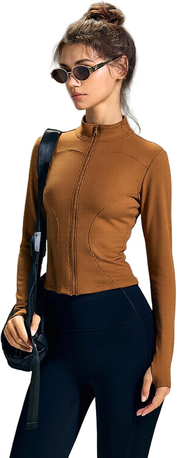 Women's Fleece Yoga Workout Jacket Full‑Zip Slim Fit Stand Collar, Thumbholes Athletic Autumn and Winter