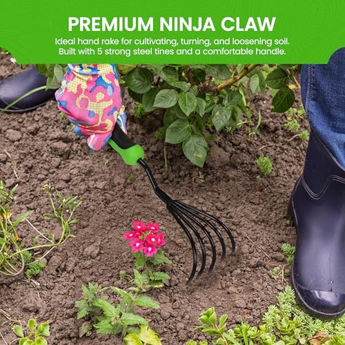 Garden Guru Hand Rake Cultivator Claw Soil Tiller with Ergonomic Handle - Military Grade Steel & Rust Resistant - 5 Tine Japanese Ninja Claw - Perfect Pulverized and Aerated Soil