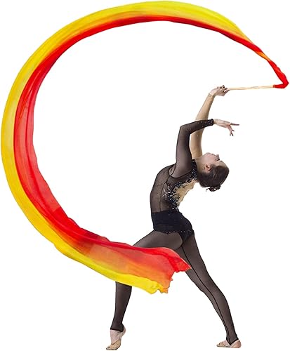 KIKIGOAL - Cinta de seda real para bailes de gimnasia, para bailar el vientre, bailar el vientre, con barra para espectáculos de talento, bailes