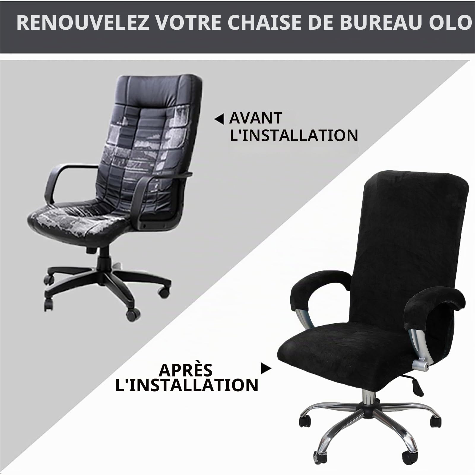 Housse de Chaise de Bureau avec Accoudoir Peluche Velours Couleur Unie,Housse pour Chaise Tissu élastique Amovible et Résistante pour Fauteuil de Bureau Rotatif Chaise,Noir - XL