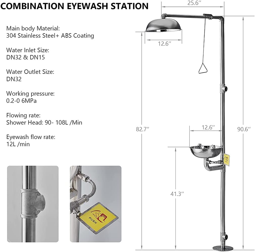 Emergency Eyewash Station 2 in 1 Combination Coated Sprayed Shower 304 Stanless Steel, Combination Emergency Rescue Supply with Abs Basin