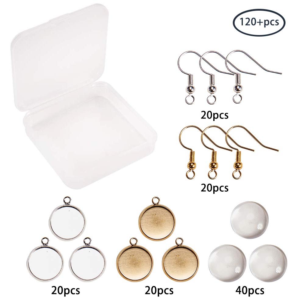 SUNNYCLUE 1 Box DIY 20 Pairs Cabochon Earrings Making Kit 40pcs Earring Bezel Earring Settings with 40pcs 12mm Clear Glass Cabochons, Earring Hooks(Dangle Earrings, Gold & Silver)
