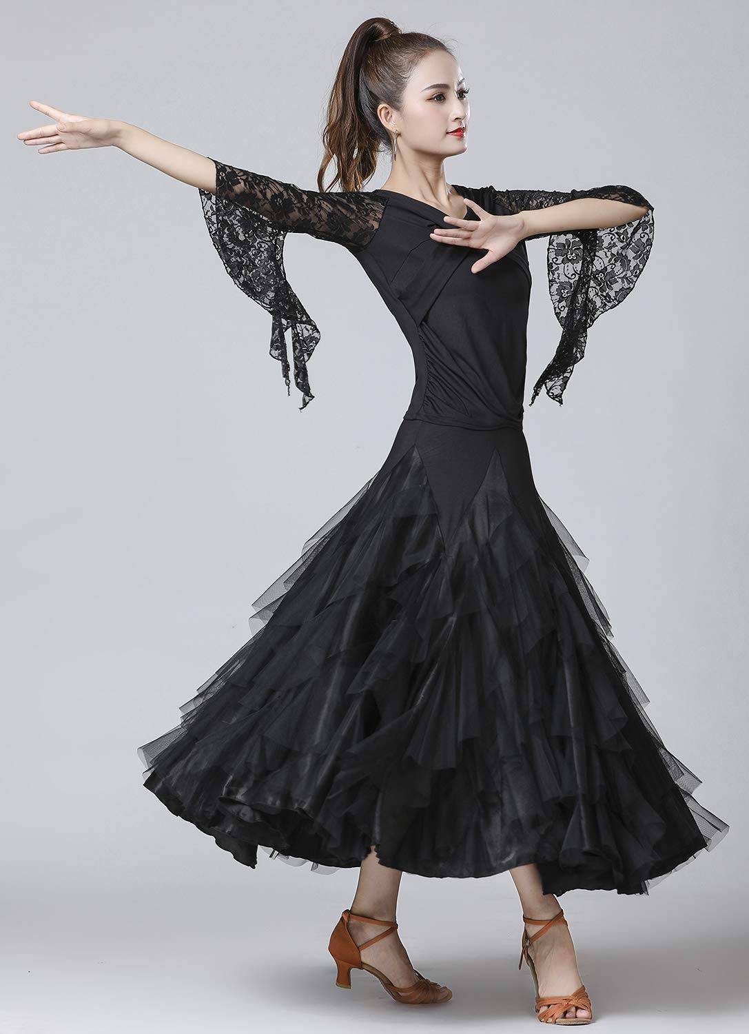 Z&X Ballroom Latin Dance Skirt 6 Tiered Color Block Long Swing Lyrical Flamenco Dance Party Skirts for Women
