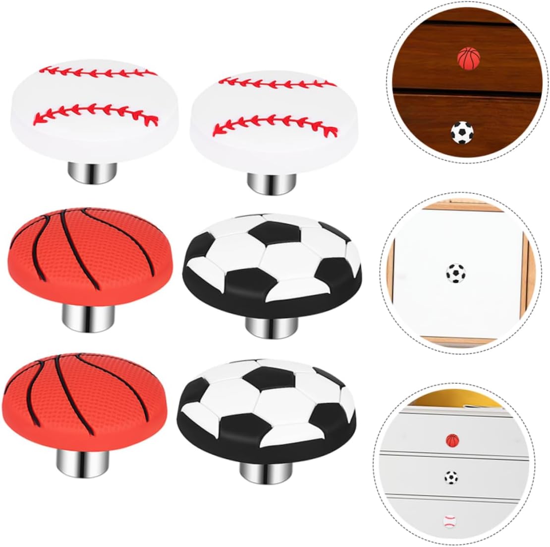 Homoyoyo 6pcs Sports Ball Drawer Knobs - Kids Basketball Football Baseball Dresser Pull Handles for Boys Bedroom Furniture and Cabinet Decor