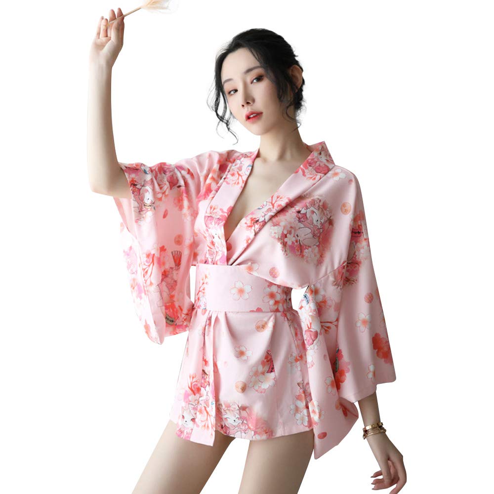 YOMORIO Women Kimono Costume Sexy Lingerie Kawaii Cat Printing Japanese Robe for Cosplay