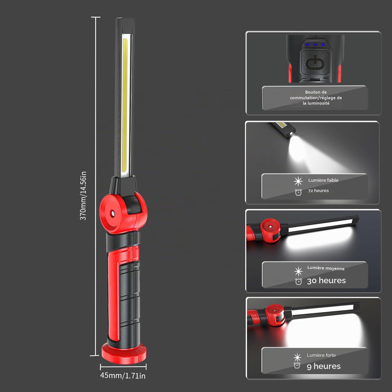 Lampe de travail LED 4000 mAh - Lampe de poche avec aimants 120° rotation - 3 modes d'éclairage COB - Réparation automobile, inspection, garage, urgence