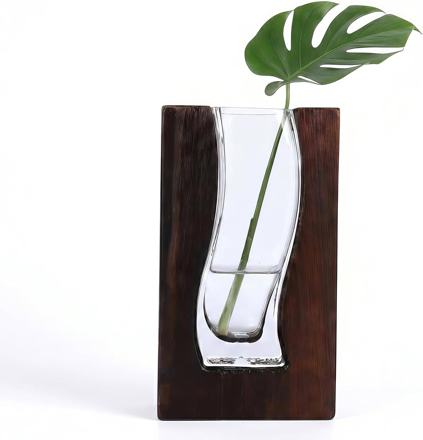 Wood and Glass Vase for Flowers - Handcrafted Solid Wood Glass Vase, Rustic Farmhouse Table Centerpiece, Artistic Wooden Vases for Home Decor Living Room (Large - Wide (9.5" H x 6.9" W))