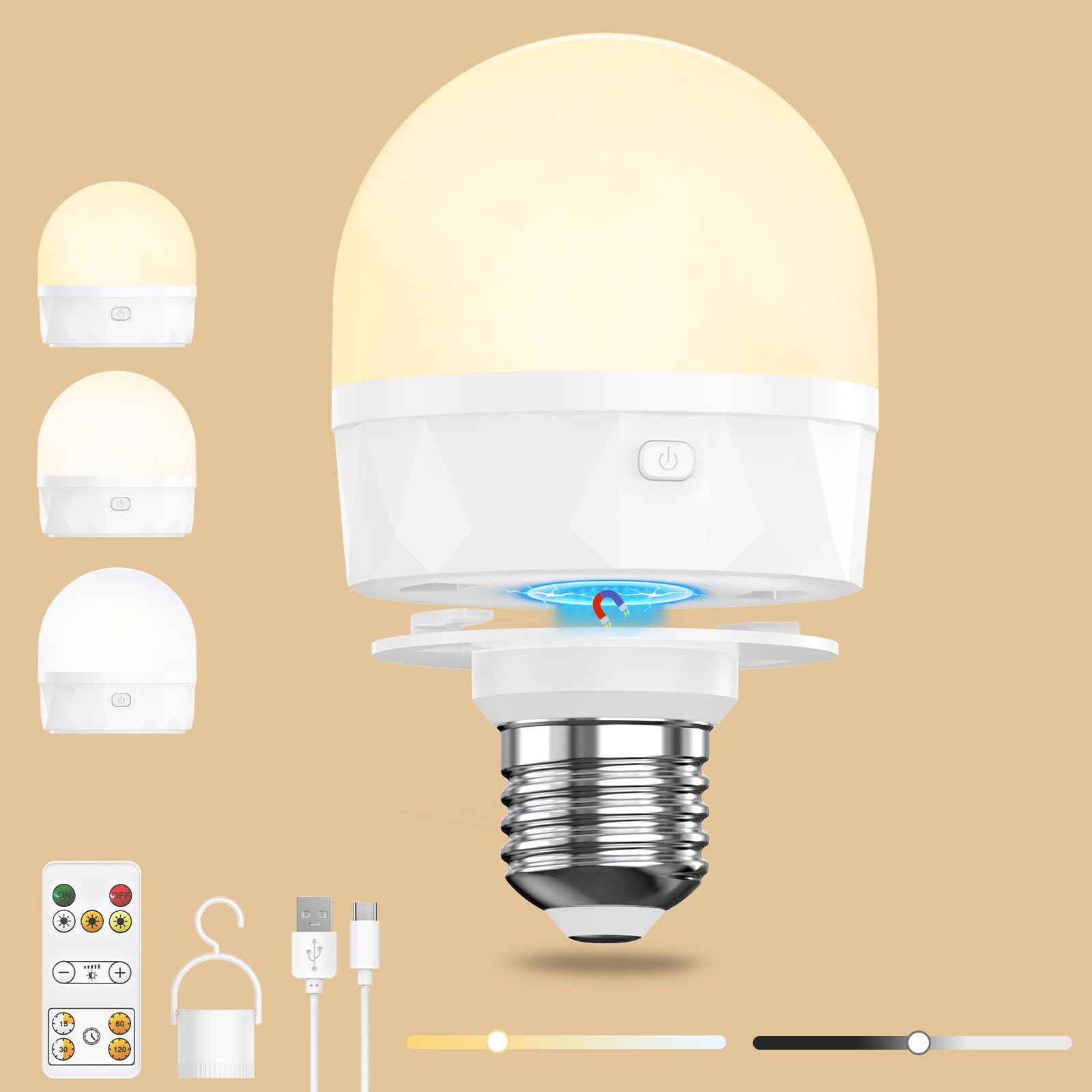 E27 Aufladbare Glühbirne mit Fernbedienung, USB C Wiederaufladbare Led Lampe Akku mit 2200mAh Batterie Magnet Haken, 3 Farben Dimmbare Timer Ohne Strom für Outdoor Licht Camping Hängelampe Notlicht