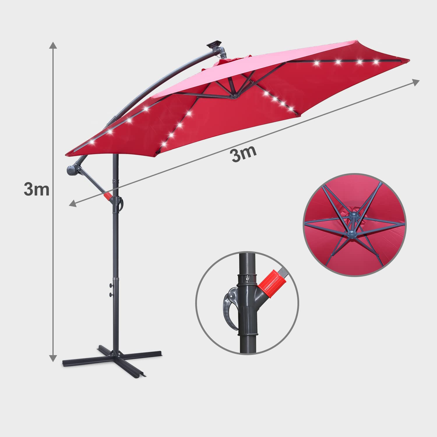 Sombrilla de 300 cm, grande, LED, solar, incluye manivela de aluminio con soporte, protección UV, impermeable, para balcón, jardín, terraza, color rojo, rojo, Ø300 cm mit LED…